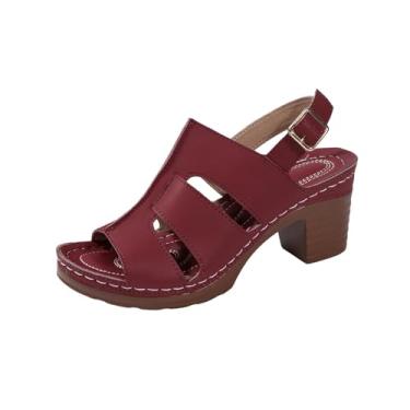 Imagem de Sandálias femininas de uma tira com bico redondo e salto grosso, um design versátil para conforto casual, Vinho vinho, 35