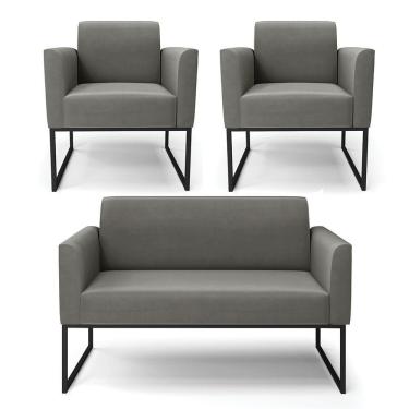 Imagem de Sofá Namoradeira Com 2 Poltronas Base Industrial Preto Marisa Suede Cor Grafite