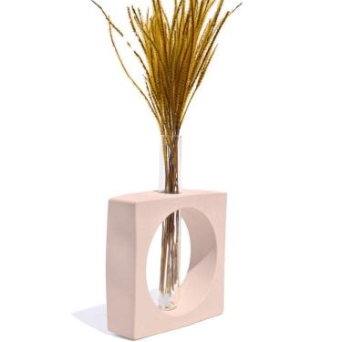 Imagem de Vaso Decorativo Artesanal Solitário Quadrado 16,5cm Cimento Palha