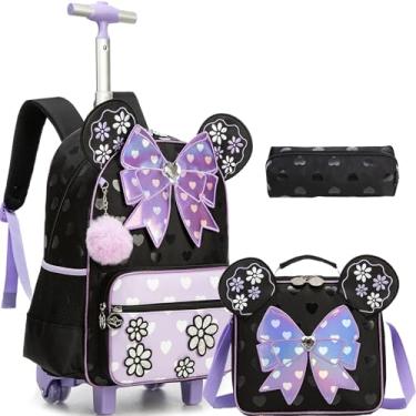 Imagem de Meetbelify Mochila com rodas para meninas com rodinhas linda mochila de mão bagagem infantil com lancheira estojo de lápis para estudantes do ensino fundamental