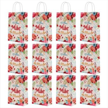 Imagem de Kit 12 Sacolas De Papel Com Alça Para Presente 21x27cm Dia Das Mães Pe
