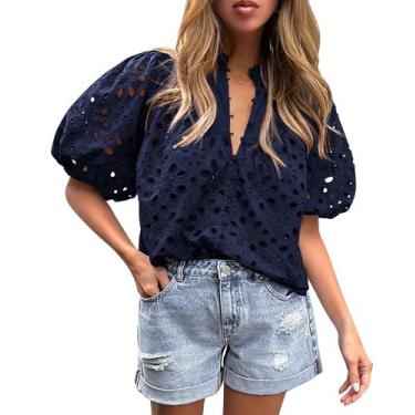 Imagem de PRETTYGARDEN Blusa Feminina Azul Marinho de Renda com Decote V e Recor