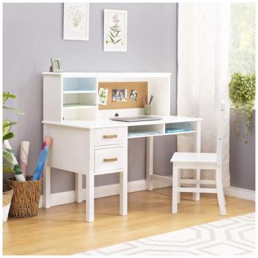 Imagem de Escrivaninha infantil Guidecraft Taiga branca com hutch, gavetas, nichos e cadeira em madeira para estudo e uso de computador