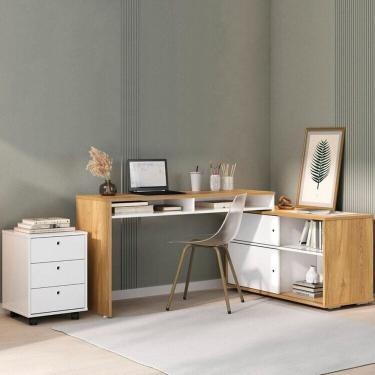 Imagem de Conjunto Escrivaninha Flex 2 Portas com Gaveteiro New 3 Gavetas Olmo /Branco