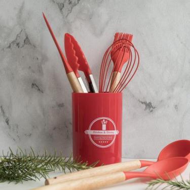 Imagem de Jogo Utensílios Cozinha Silicone 7 Peças Cabo Madeira Espátula Concha 