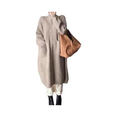 Imagem de Cardigã Feminino De Tricô Gola Alta Manga Longa Cor Sólida Comprimento