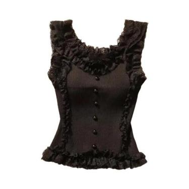 Imagem de Top Cropped Feminino Com Patchwork De Renda Branca, Decote Em U, Malha