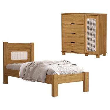 Imagem de Cama de Solteiro e Comoda 4 Gavetas 1 Porta MDF Clara Decmade