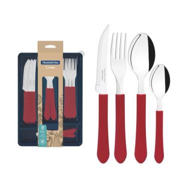 Imagem de Faqueiro Tramontina Inox Leme com Gaveteiro 24 Peças, Vermelho, 24