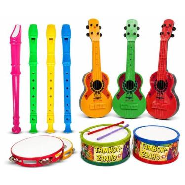 Imagem de Kit 4 Instrumento Musical Pandeiro Flauta Violão E Tambor - TMC