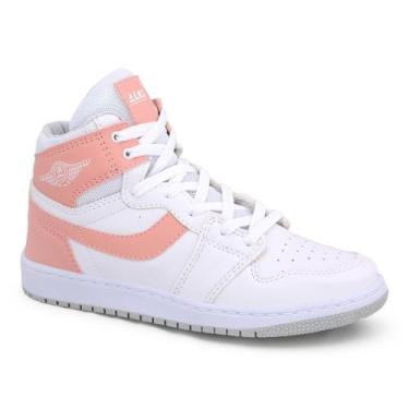 Imagem de Tênis Bota Feminino Botinha Academia Cano Alto Alks, Branco, Rosa, 39