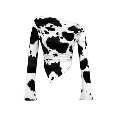 Imagem de Camiseta feminina WDIRARA com estampa de vaca de um ombro Y2k Crop Top