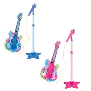 Imagem de Guitarra com Microfone Pedestal Rock Show com Luz e Som - DM Toys, Azu