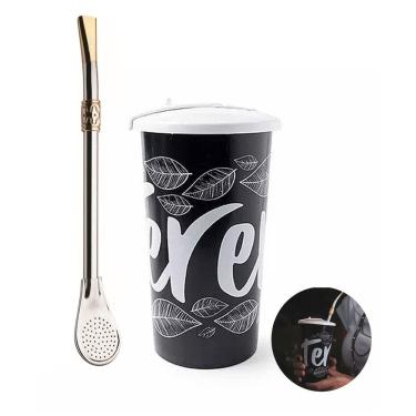 Imagem de Kit Copo Plástico Tererê Tampa 450ml + Bomba Chimarrão 23cm Aço Niquelado Anel Bojo - Taumer