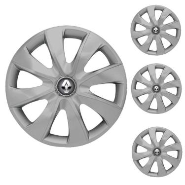 Imagem de Jogo Calota Aro 14 Prime Silver Elitte Prata + Emblema Resinado Renault (Sandero Logan Clio Scenic Megane Kwid)