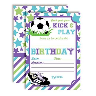 Imagem de Convites de festa de aniversário temáticos de futebol pastel Kick and Play para meninas, 20 cartões de 12,7 cm x 17,7 cm com vinte envelopes brancos da AmandaCreation