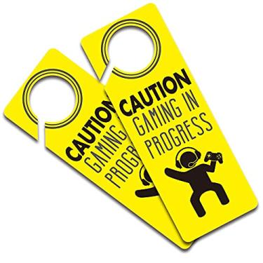 Imagem de 2 pacotes Gaming in Progress Do Not Disturb Door Funny Hanger Sign, para meninos, meninas, quartos, jogos de computador, console, gamer