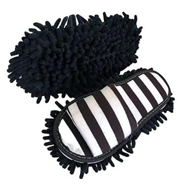 Imagem de Generic Lazy Mop Chinelos, limpador lavável macio destacável aberto dedo do pé ferramenta de limpeza de microfibra para quarto casa chão limpeza de poeira, preto branco
