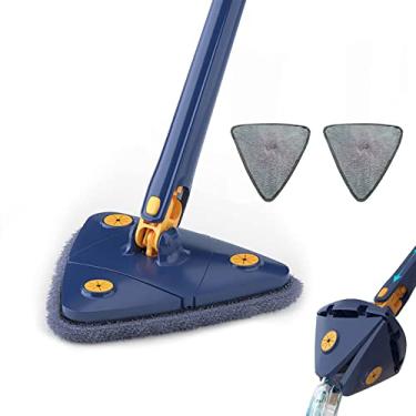 Imagem de Mop giratório de 360 °, esfregão seco e úmido ajustável giratório de 360 graus, esfregão de torção automático de microfibra triangular com cabo longo, para limpeza de teto, janela e rodapé. (azul)