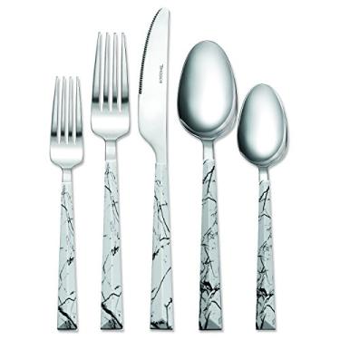 Imagem de Tomodachi por Hampton Forge – Mármore Dali – Conjunto de talheres de 20 peças – Serviço para 4 talheres – Aço inoxidável – Branco com preto, prata