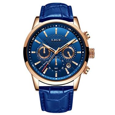 Imagem de Relógio masculino de luxo LIGE, moderno, estilo militar, esportivo, analógico, de quartzo, com cronógrafo, clássico, casual, à prova d'água, marrom, branco, de couro, Vestido clássico casual esportivo, Mostrador dourado e azul., 8.07