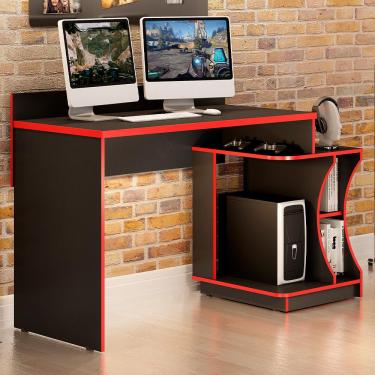 Imagem de Mesa Gamer Para Computador Valdemóveis Escrivaninha Com Nichos Preto e Vermelho