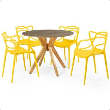 Imagem de Conjunto Mesa de Jantar Redonda Marci Natural 100cm com 4 Cadeiras Allegra - Amarelo