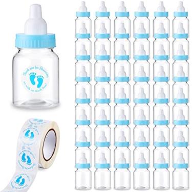 Imagem de 48 peças 1,5 x 3,5 polegadas bebê chuveiro mini garrafa de leite com 500 adesivo obrigado por adesivos, mamadeira de bebê pequeno plástico caixas de presente recheados diy Baby Shower Party Favor (Azul)