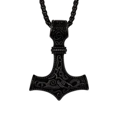 Imagem de HAQUIL Viking Mjolnir Necklace, pingente de martelo de Thor em aço inoxidável banhado a preto, corrente de caixa, presente de joalheria viking
