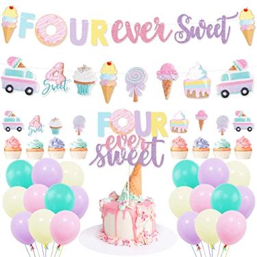 Imagem de UTOPP Four Ever Sweet Birthday Party Decoration - Four Ever Sweet Banner, Ice Cream and Donut Party Banner & Donut Fourever Sweet Cake Topper for Ice Cream 4th Birthday Party, Girl Donut, 4th Birthday, Baby Shower