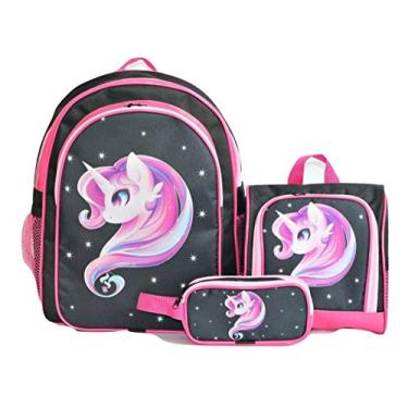 Imagem de Mochila Unicornio Pink Costas Lancheira Estojo Kit