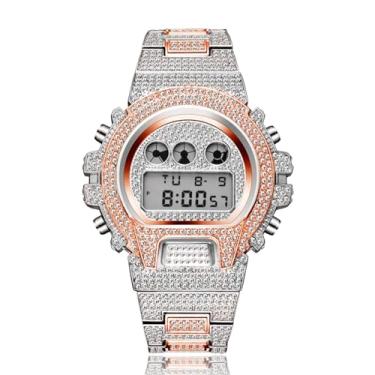 Imagem de ICEDIAMOND 45mm Iced Out Lab Relógio de Pulso Diamante, Mostrador Digital LED Multifuncional com Data Calendário Semanal e Tempo para Homens Mulheres (Mix-R)