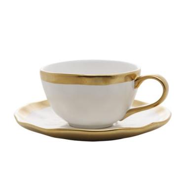 Imagem de Xícara 90ml Para Café De Porcelana Branco E Dourado Com Pires Dubai Wo