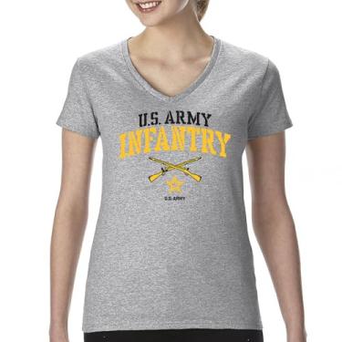 Imagem de Camiseta feminina US Army Infantry gola V Military Pride Veteran DD 214 Patriotic Armed Forces Soldier Gear Licenciada, Cinza, G