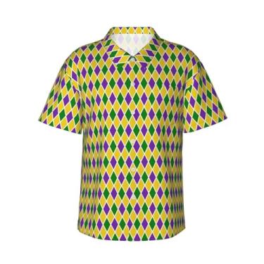 Imagem de Xiso Ver Camisa havaiana masculina manga curta casual camisa de praia casual de botão para festa de verão na praia, Mardi Gras Roxo Amarelo Xadrez, GG