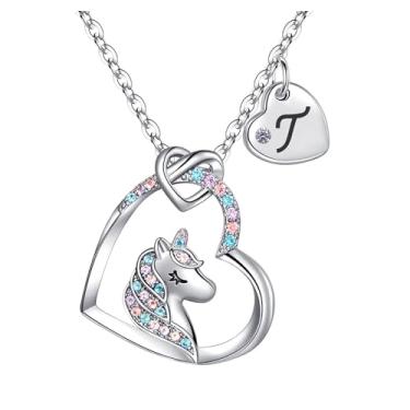 Imagem de Rucher Presentes de Dia dos Namorados para meninas – Colar de unicórnio para meninas com pingente de coração inicial e caixa de presente, joia infantil moderna em ouro 18K, colar de coração colorido