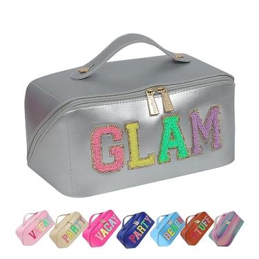 Imagem de YogoRun Bolsa grande de couro PU para maquiagem com letras de chenille com glitter, bolsa cosmética, Prata - Glam, Large, Grande