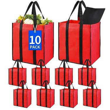 Imagem de Bodaon Sacos de mercearia reutilizáveis dobráveis de cozinha com fundo de plástico, sacola utilitária a granel, carrinho de compras reutilizável dobrável grande para mantimentos, sacolas de armazenamento resistentes, cesta de compras (vermelho)