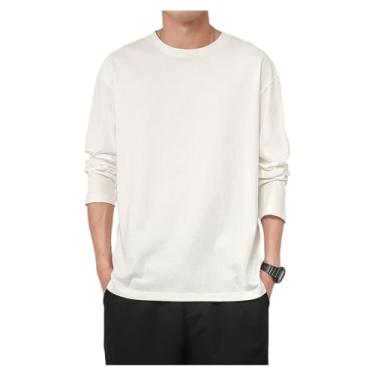 Imagem de Camisetas masculinas manga comprida gola redonda pulôver cor sólida casual esportes camisetas de algodão, Branco, 4G