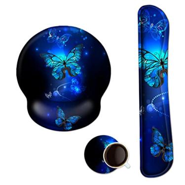 Imagem de Mouse Pad apoio de pulso para teclado, base de borracha antiderrapante, suporte para o pulso, descanso de mouse para home office, computador, laptop, mesa, PC, Typist, gamer, mouse pad acolchoado macio com suporte ergonômico de espuma de memória, Blue Butterfly