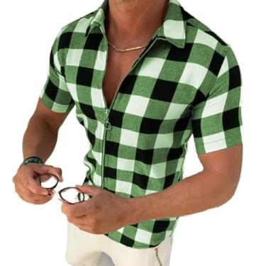 Imagem de Camiseta de manga curta estampada xadrez elástica com gola dobrável e quatro lados, caimento justo, cardigã moderno com zíper, Verde, G