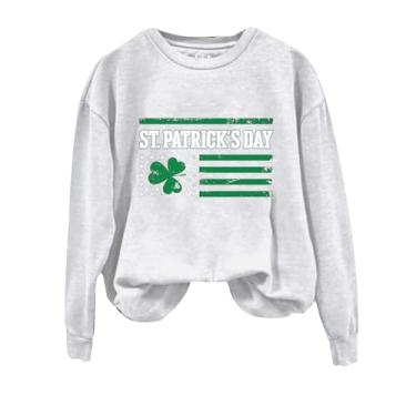 Imagem de Camisetas femininas com estampa de bandeira irlandesa verde de manga comprida Dia de São Patrício Lucky Mama, Branco, M