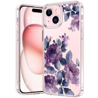 Imagem de bicol Capa projetada para iPhone 15 Plus, capa transparente com designs modernos para meninas e mulheres, capa protetora para telefone de acrílico à prova de choque de ajuste fino 6,7 polegadas, flores roxas