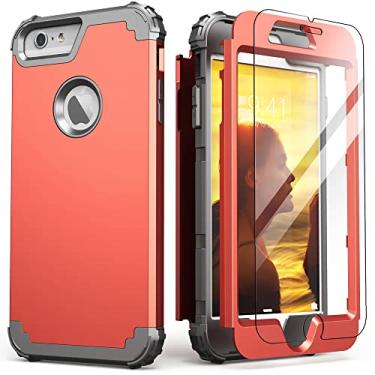 Imagem de IDweel Capa para iPhone 6S Plus com protetor de tela (vidro temperado), capa para iPhone 6 Plus, 3 em 1, à prova de choque, fina, híbrida, resistente, capa de policarbonato de silicone macio, capa de corpo inteiro, laranja/cinza escuro
