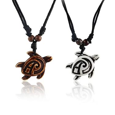 Imagem de 2 colares com pingente de tartaruga marinha esculpida em osso artificial - Colar de medalhão de tartaruga Yin Yang - Amuleto de mascote da sorte de animal havaiano para mulheres e homens, Metal, osso