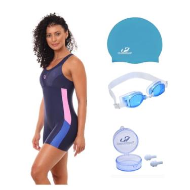 Imagem de Kit Macaquinho Natação Hidroginástica com Touca Óculos UV E Protetor (Marinho/Azul/Rosa - Óculos Azul (Lente Azul), P)