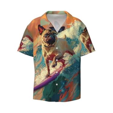 Imagem de IYOVI Camisa masculina havaiana com estampa de lírios de manga curta e manga curta com botões, camisa de praia de verão,, Pug Wave, GG