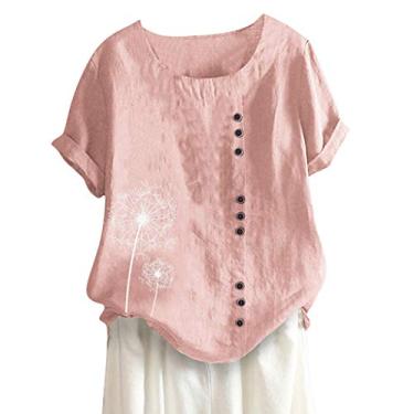 Imagem de Lainuyoah Camisas femininas de linho de algodão plus size com gola redonda e botões de verão, blusas soltas, manga curta, boêmia, moderna, rosa, XXG