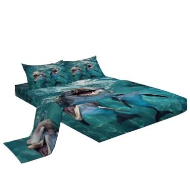 Imagem de Eojctoy Jogo de cama king size de microfibra super macia com estampa de golfinho, 4 peças, 1 lençol com elástico, 1 conjunto de lençol com 2 fronhas, 40,6 cm de profundidade para quarto de crianças e