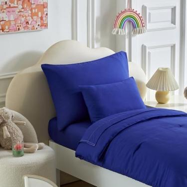 Imagem de Jogo de cama infantil – 5 peças, macio e respirável, inclui edredom acolchoado, lençol de cima, fronha padrão e fronha infantil, azul marinho